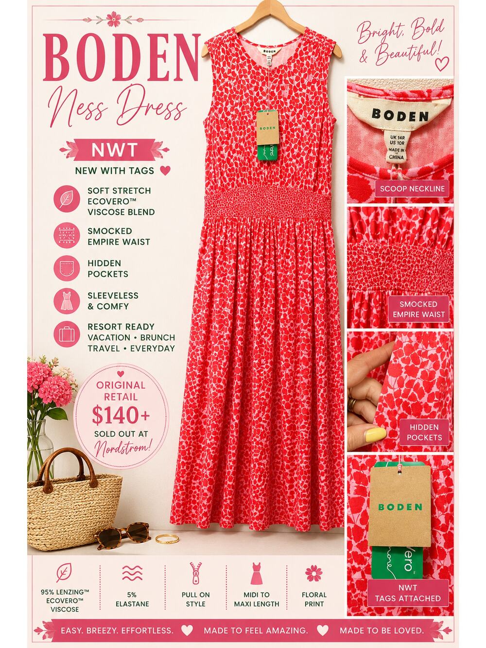 Boden Ness Dress US 10R Pink Coral Floral Smocked Midi Maxi NWT